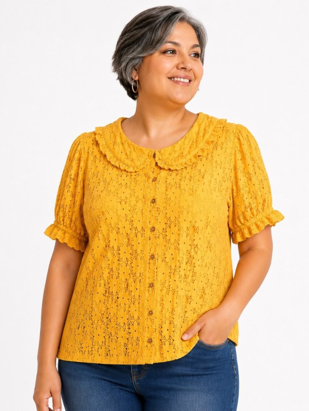 Pilcro Keira Golden Yellow Cotton Floral Lace Crochet Blouse
